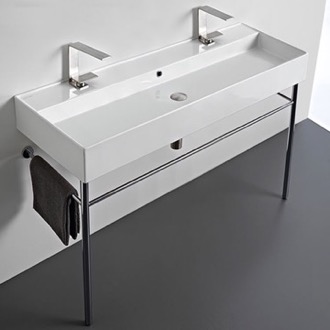 Console Bathroom Sink Large Double Ceramic Console Sink and Polished Chrome Stand, 48